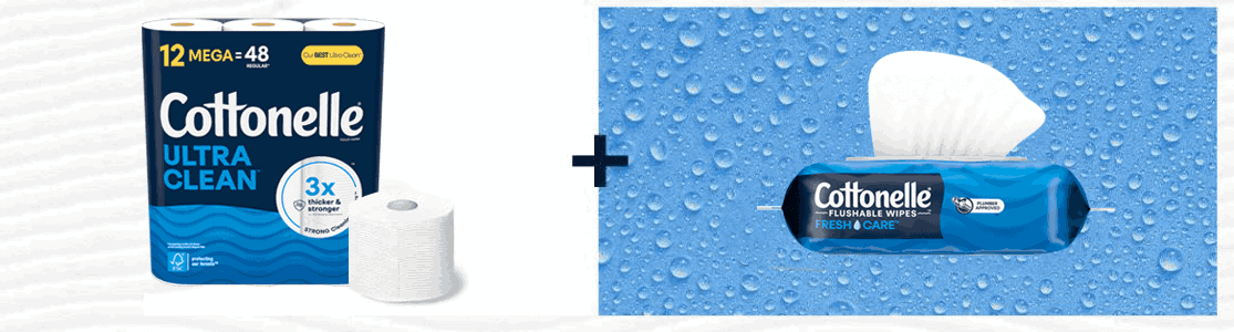 Papier hygiénique Ultra Clean et lingettes jetables dans les toilettes Fresh Care Cottonelle®